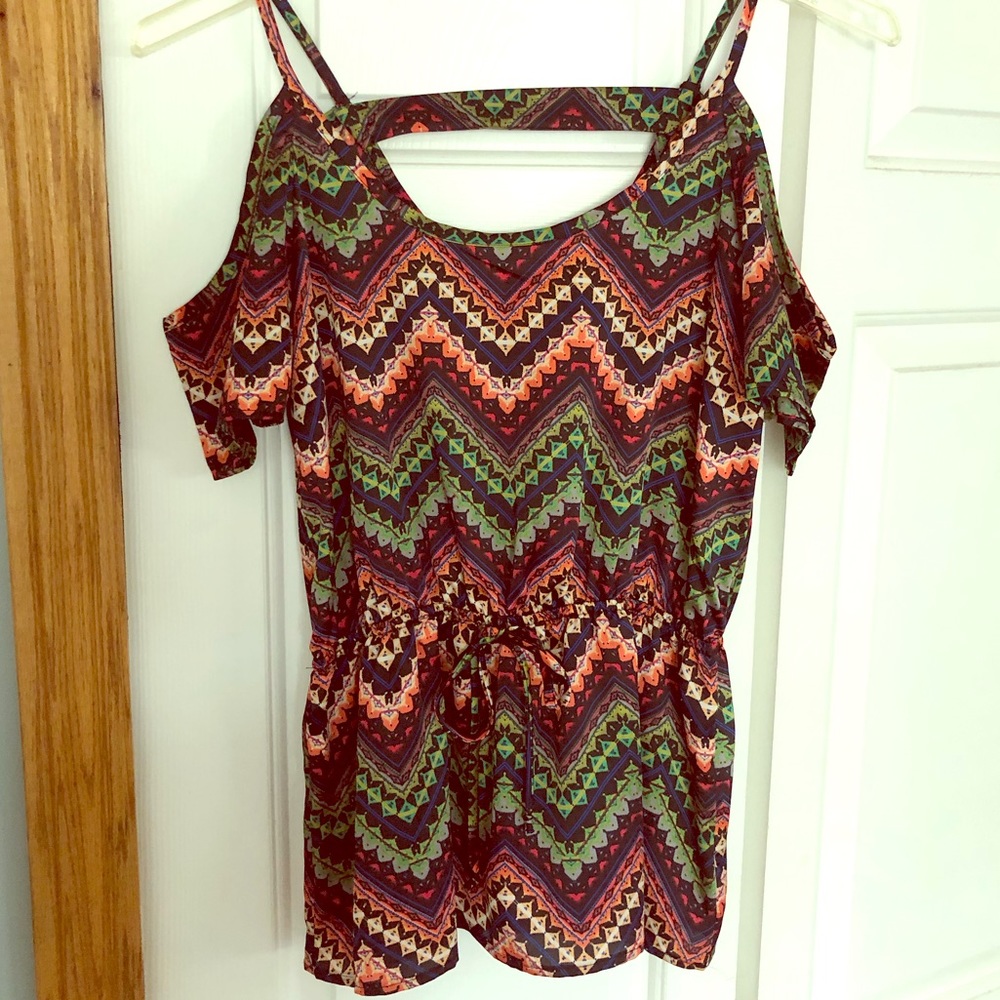 Lily White Cold Shoulder Tribal Tie Waist Blouse